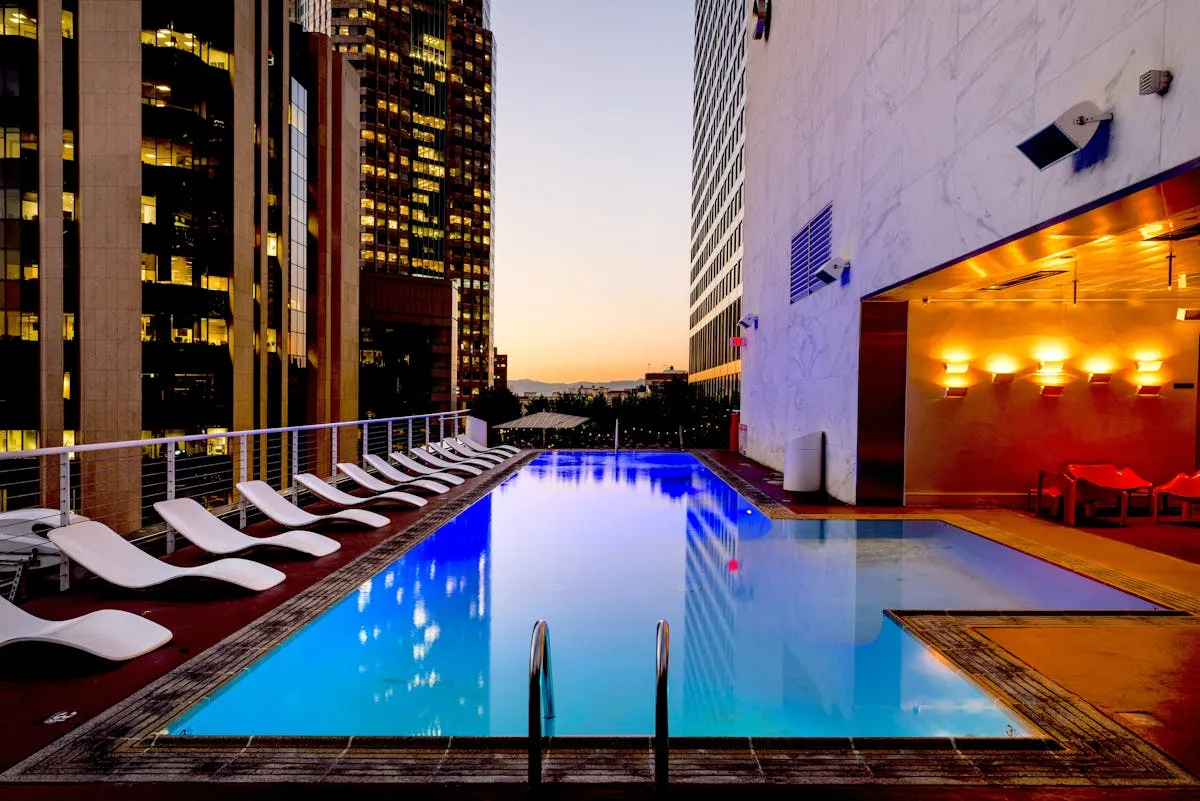 Pool sling chairs and chaise lounges at Singapore resort pool